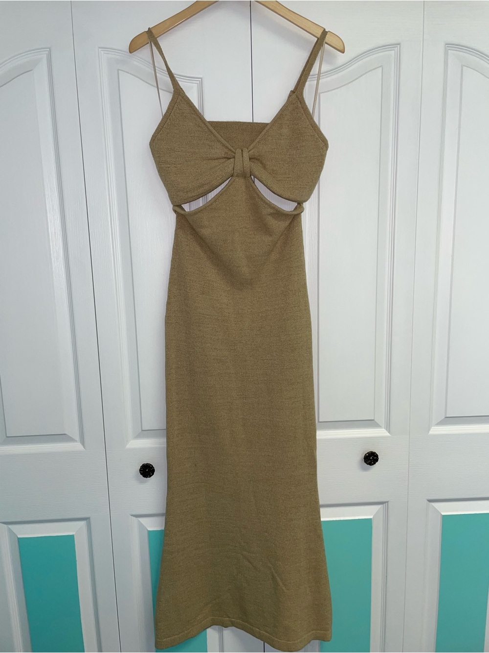 Lush Tan Cutout Maxi Dress with Front Knot